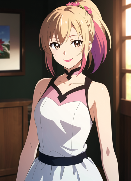3978521844-3690578500-,1girl, solo, looking at viewer, brown hair, brown eyes, blurry background, blurry, multicolored hair, ponytail, blonde hair, up_ed.png